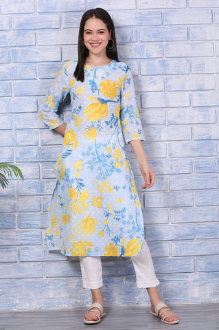 Bue Floral Printed Pure Cotton Straight Kurta with Lace