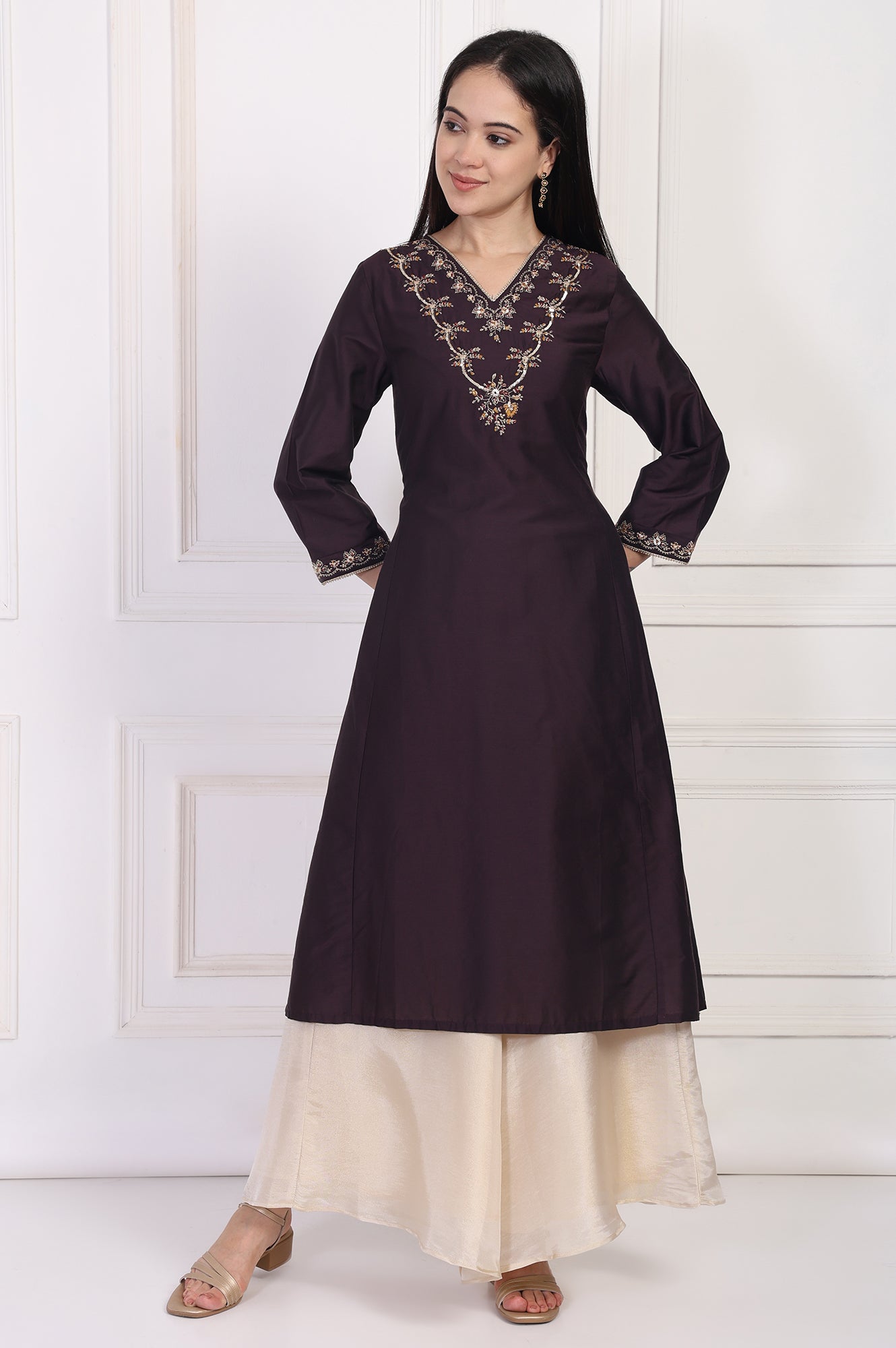 Maroon Embroidered Flared Kurta