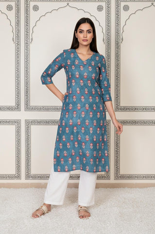 Blue Floral Printed Straight Cotton Kurta