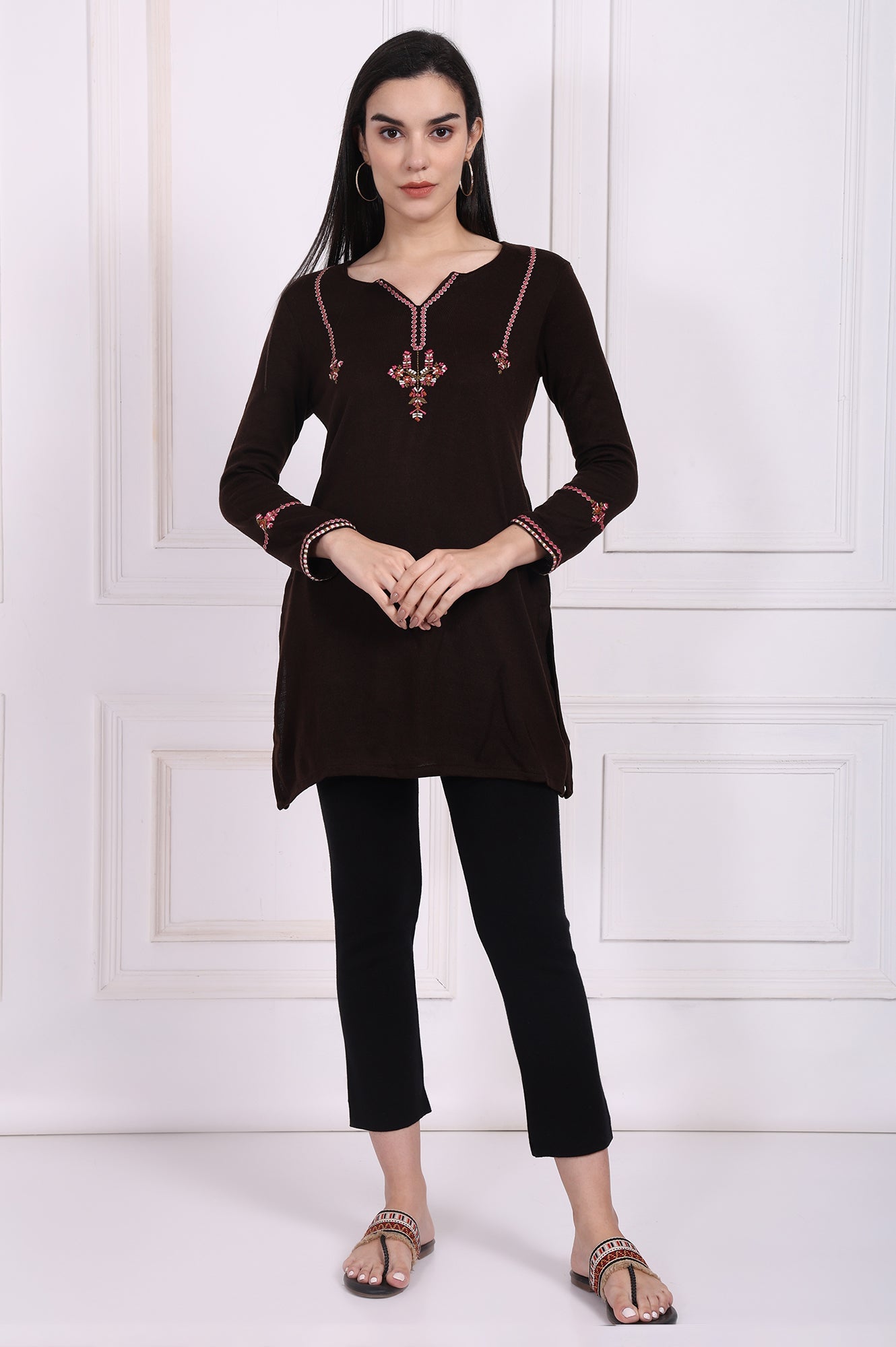 Brown Embroidered Straight Acrylic Tunic
