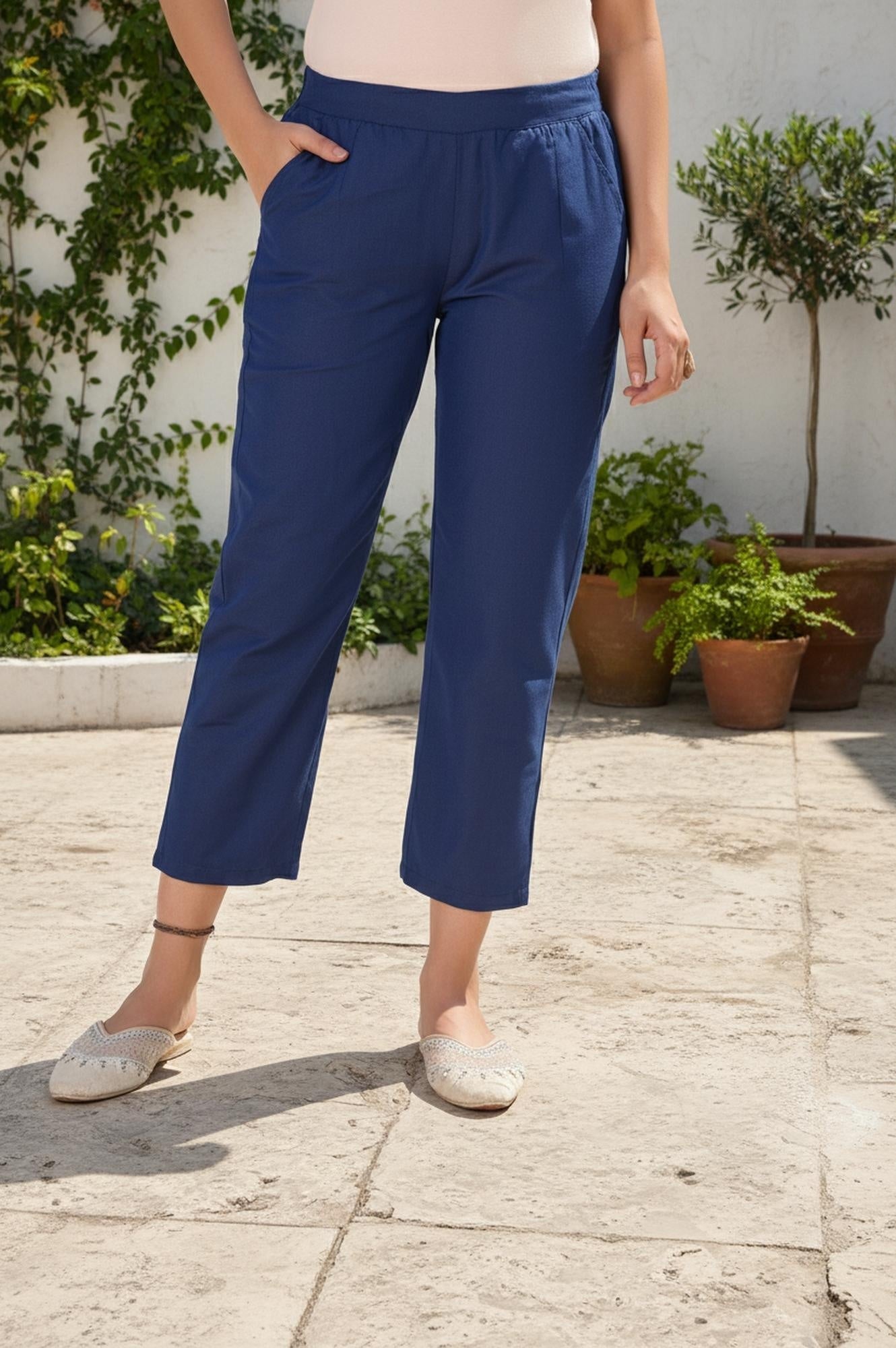 Blue Solid Straight Rayon Pant
