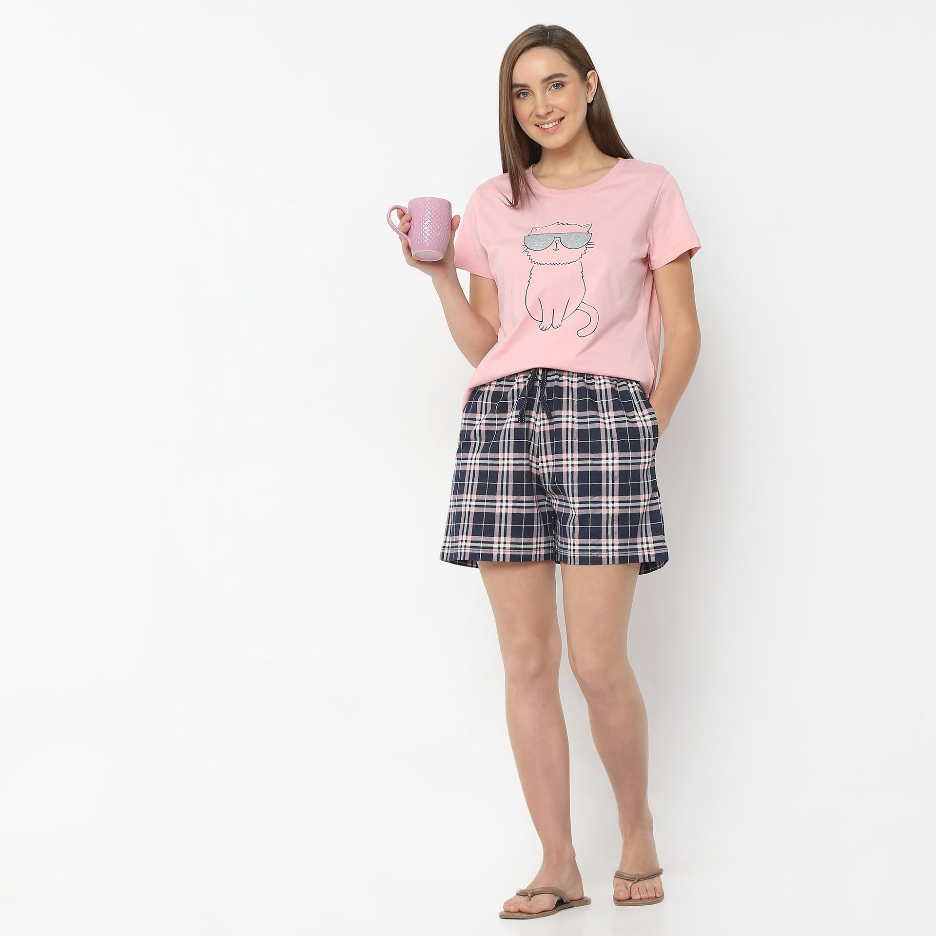 Checkered Above Knee Mid Rise Lounge Shorts