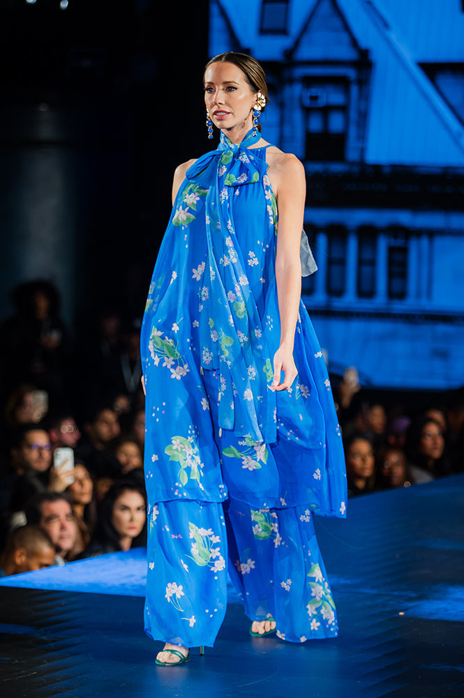 Blue Floral Printed Halter Neck Chiffon Kurta with Flared Pants and Dupatta Set