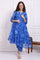 Blue Floral Printed Lace Flared Kurta, Pants and Dupatta Set