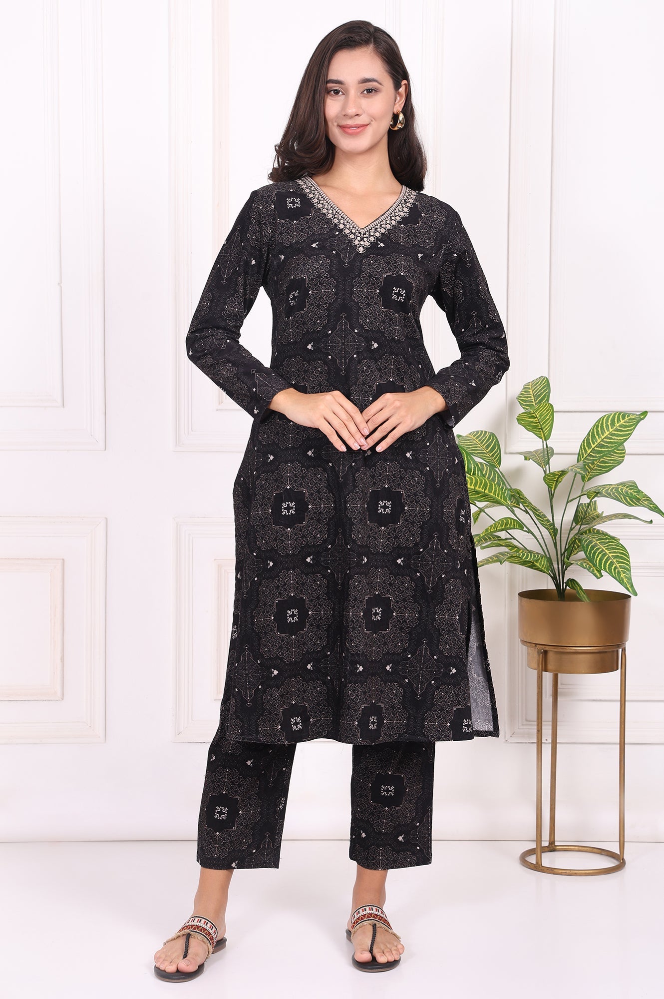 Black Ethnic Motifs Printed Embroidered Pure Cotton Straight Kurta and Pants Set