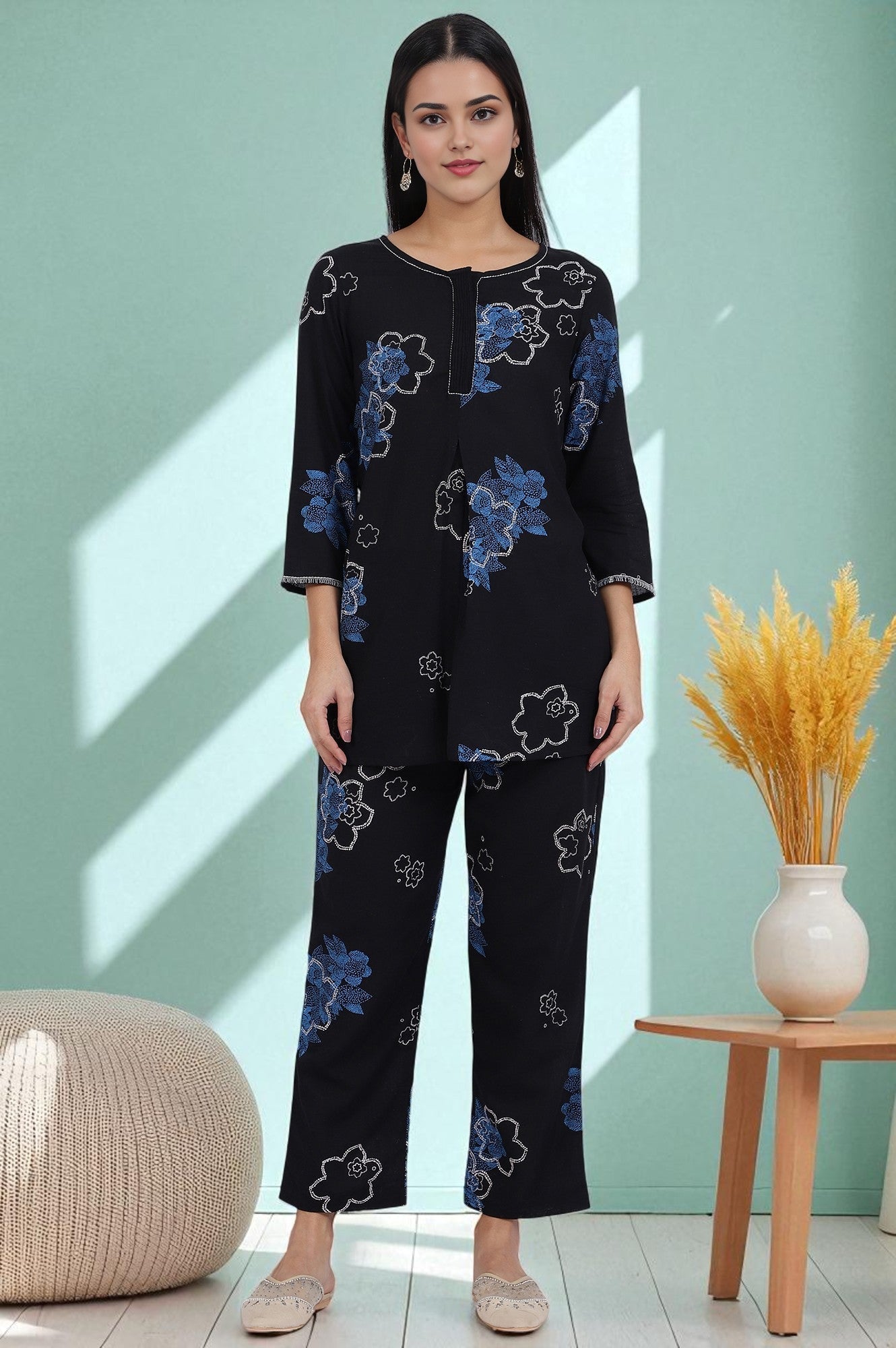 Blue Bold Floral Printed Rayon Flax Tunic and Straight Pants Co-ord Set