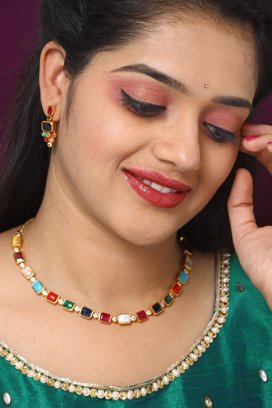 Designer Matt Plated Navaratna Necklace Set