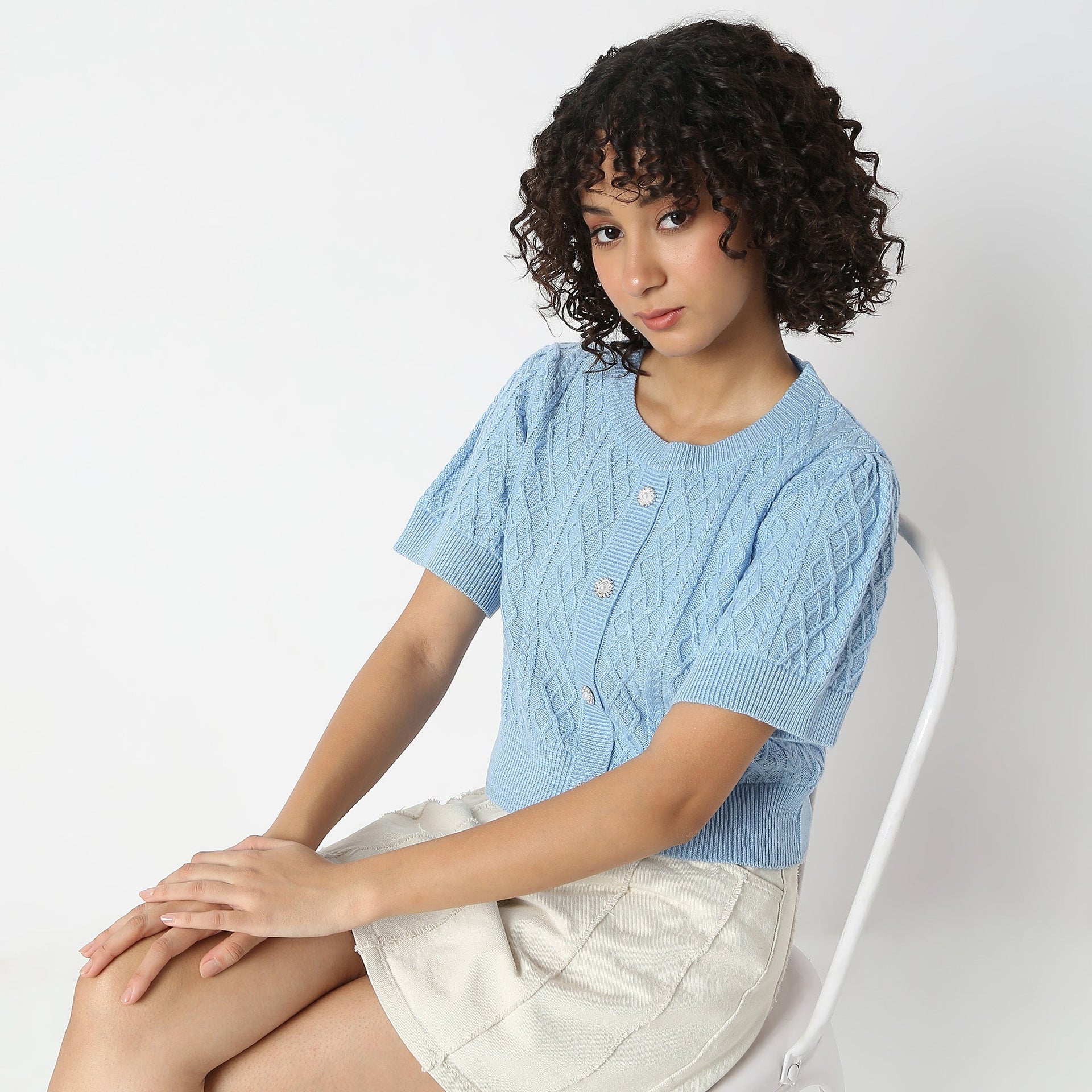 Cable-Knit Texture With Geometric Diamond Cropped Length Top