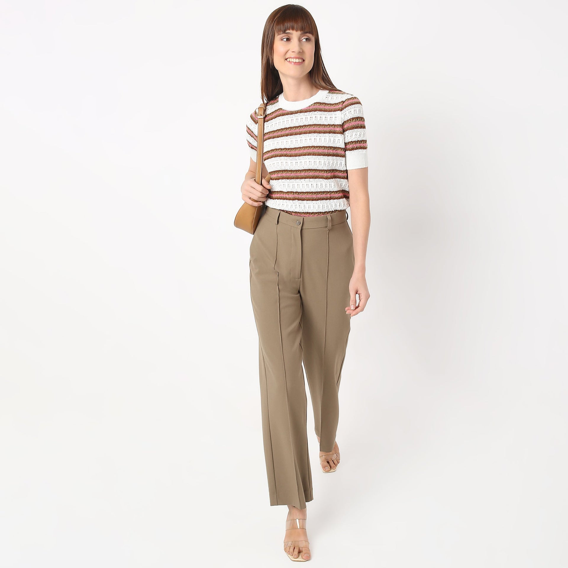 Crew Neck Short Sleeve Kniited Structured Stripped T-Shirt