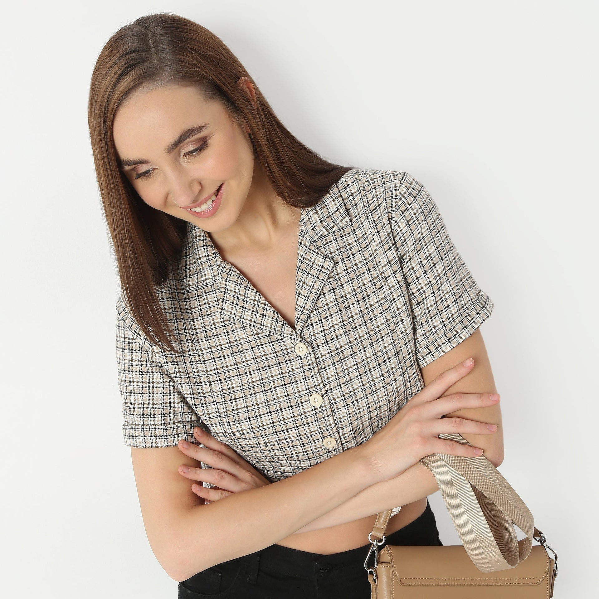 Checkered Lapel Collar Short Sleeve Crop Shirt