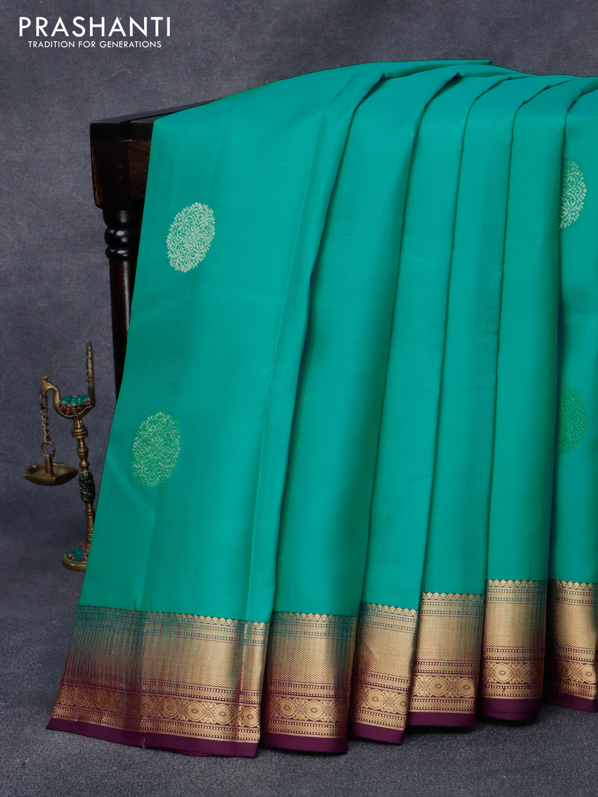 Pure kanjivaram silk saree teal blue and deep purple with zari woven buttas and zari woven border