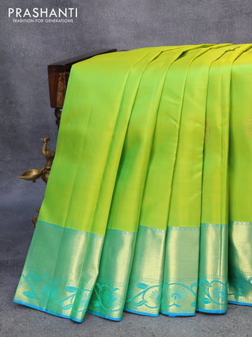 Pure kanjivaram silk saree lime green and cs blue with zari woven buttas and rich zari woven border