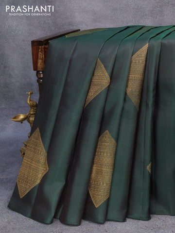 Pure kanjivaram silk saree bottle green and light blue with zari woven geometric buttas in borderless style