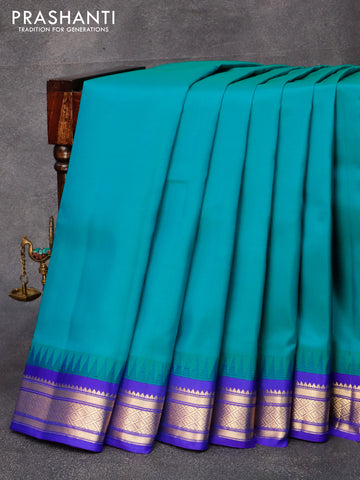 10 yards silk saree dual teal green and royal blue with plain body and temple design zari woven border