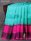 Pure kanjivaram silk saree teal blue and multi colour with plain body and temple design zari woven butta border &