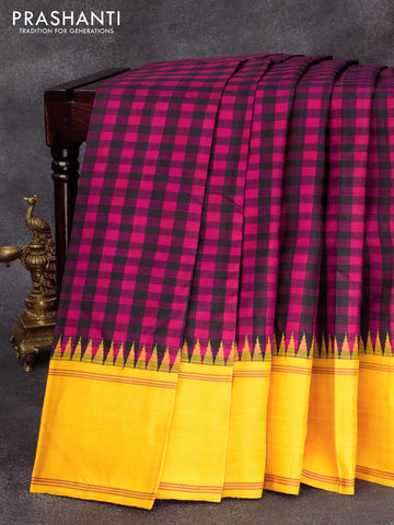 Pure kanjivaram silk saree dark pink black and mango yellow with allover paalum pazhamum checkes and temple design rettapet zari woven border & checkes