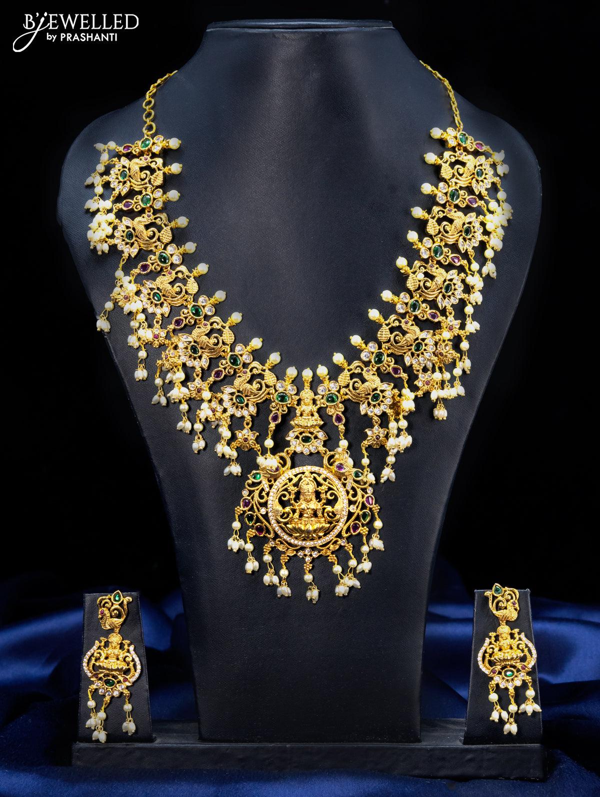 Antique guttapusalu necklace kemp stones with lakshmi pendant and pearl hangings