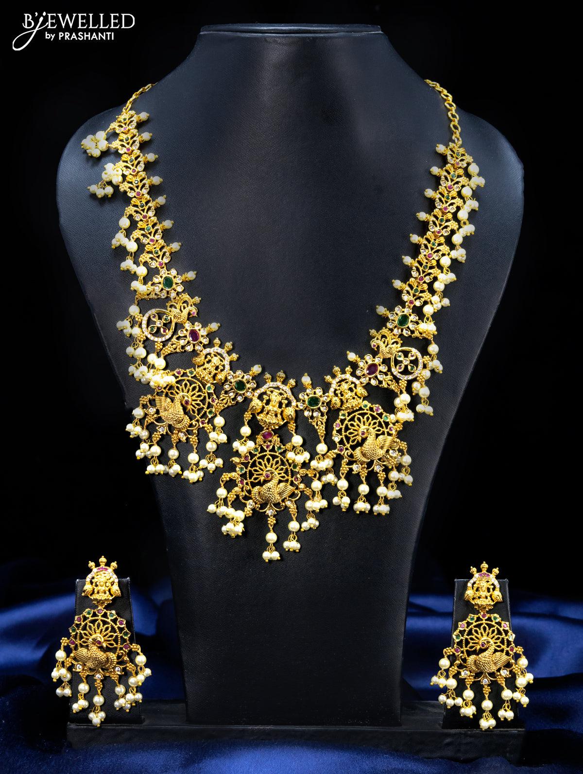 Antique guttapusalu necklace lakshmi design kemp and cz stones with pearl hangings