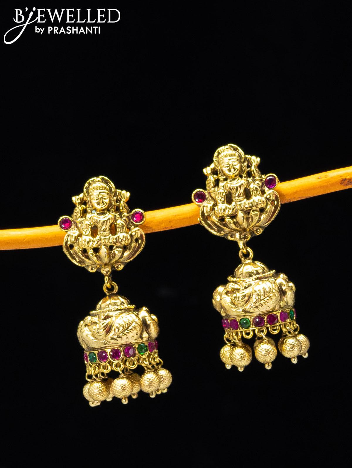 Antique jhumkas lakshmi design with kemp stone and golden beads hanging