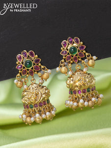 Antique jhumkas with kemp stone and golden beads hangings