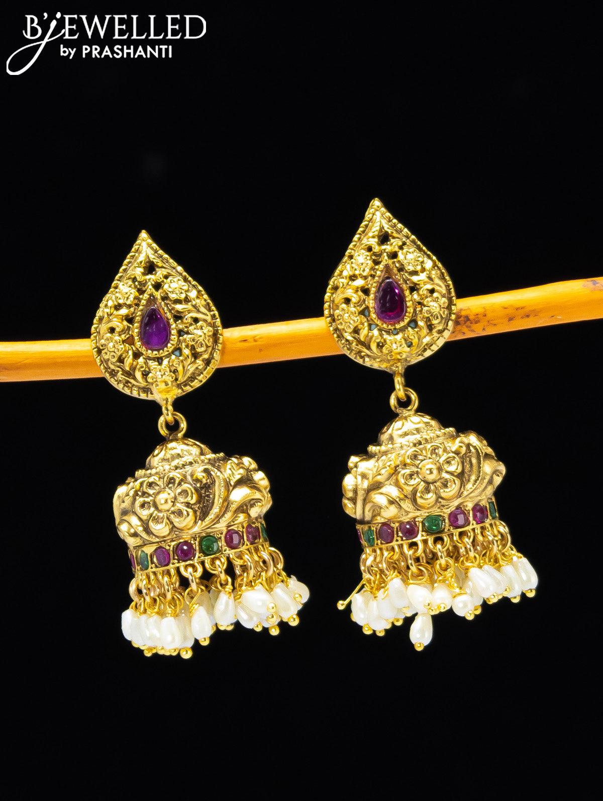 Antique jhumkas with kemp stone and pearl hangings