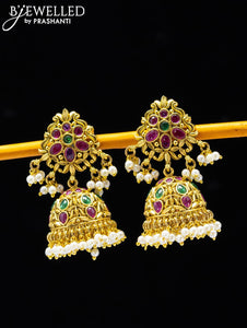 Antique jhumkas with kemp stone and pearl hangings