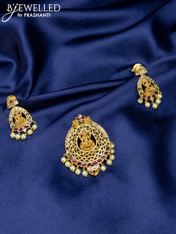 Antique pendant set lakshmi design kemp and cz stone with pearl hangings