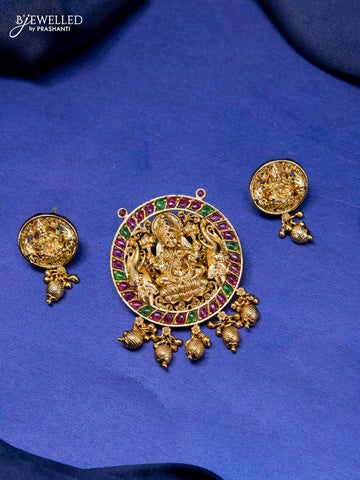 Antique pendant set lakshmi design with kemp stone and golden beads hangings