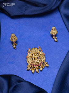 Antique pendant set lakshmi design with pink kemp stone and golden beads hangings