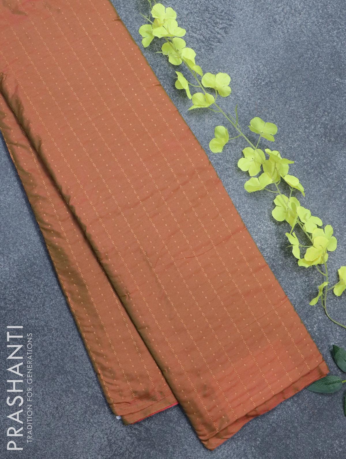 Arani semi silk saree dual shade of pinkish green and pink with allover copper zari weaves in borderless style