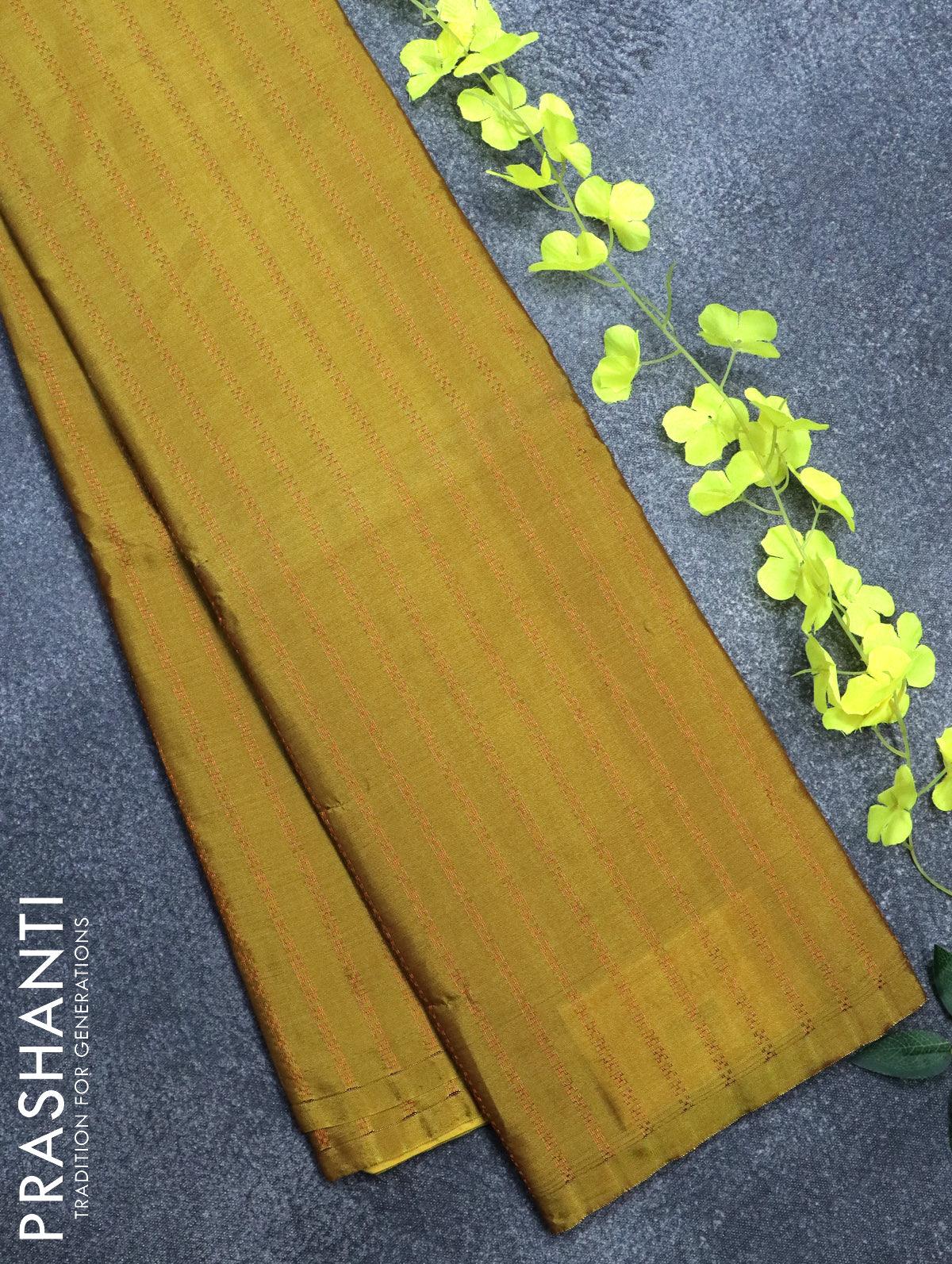 Arani semi silk saree light green and yellow with allover copper zari weaves in borderless style