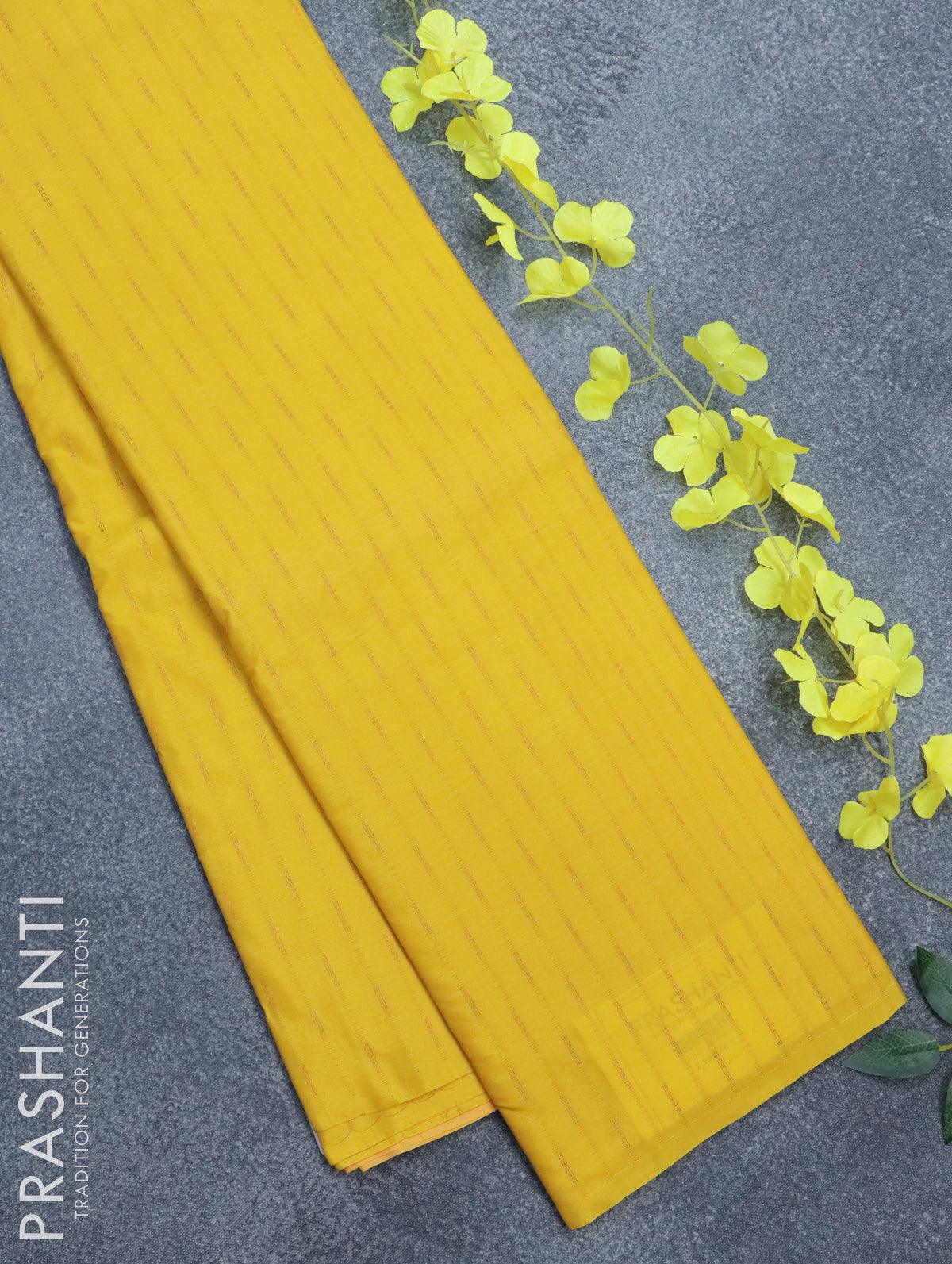 Arani semi silk saree lime yellow and yellow with allover copper zari weaves in borderless style