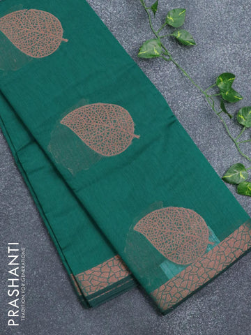 Banarasi cotton saree green with copper zari woven leaf buttas and copper zari woven border