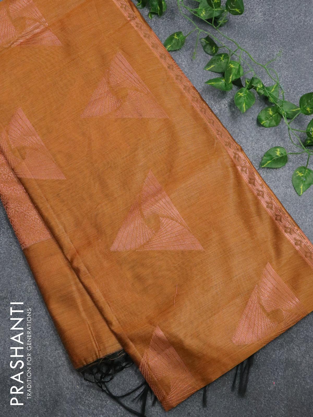 Banarasi cotton saree mustard yellow with copper zari woven buttas and piping border