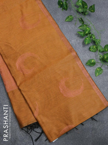 Banarasi cotton saree mustard yellow with copper zari woven buttas and piping border