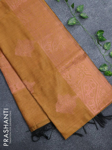 Banarasi cotton saree mustard yellow with copper zari woven buttas and piping border