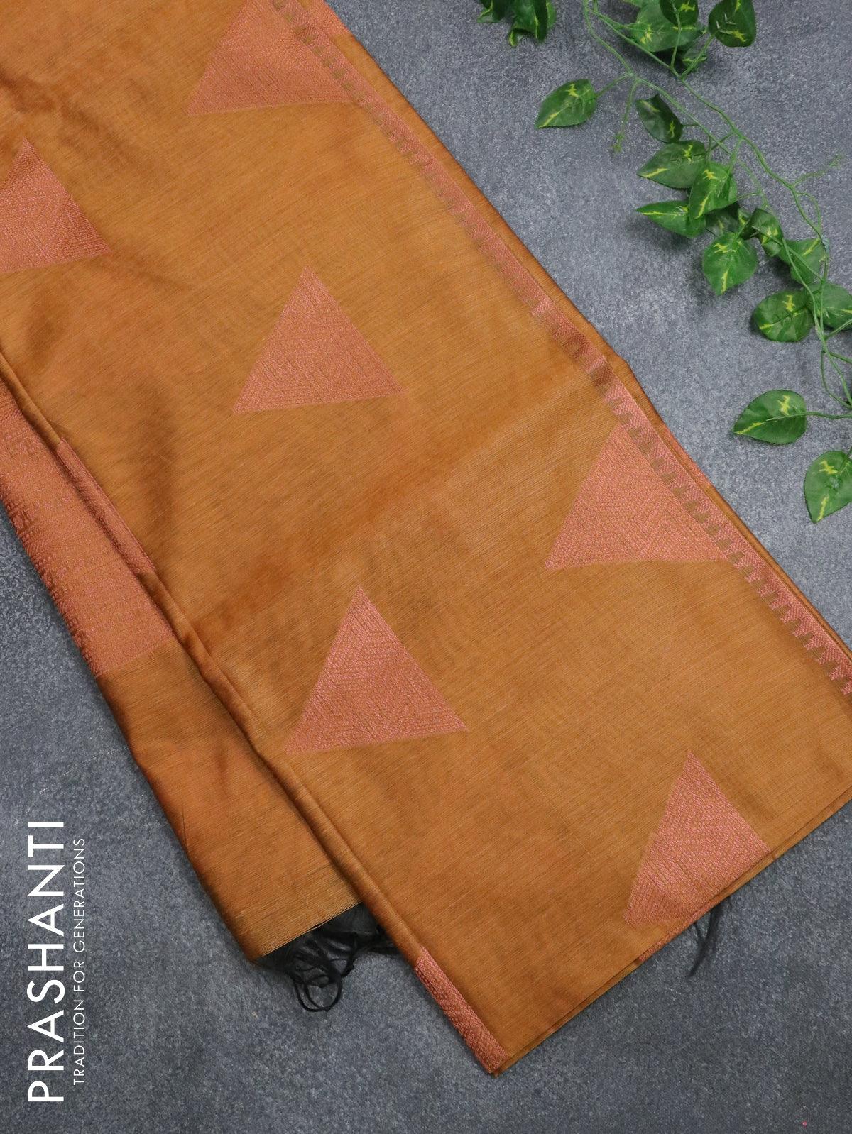 Banarasi cotton saree mustard yellow with copper zari woven geometric buttas and piping border