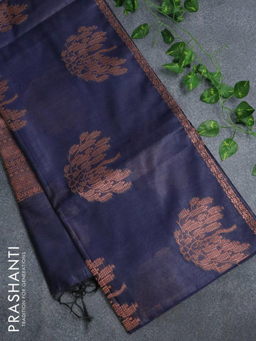 Banarasi cotton saree navy blue with copper zari woven buttas and piping border