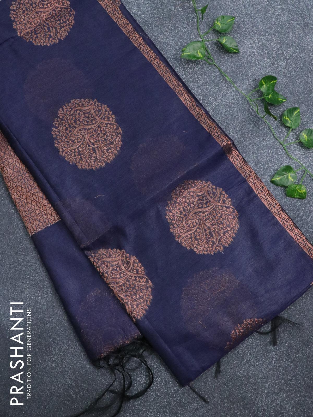 Banarasi cotton saree navy blue with copper zari woven buttas and piping border