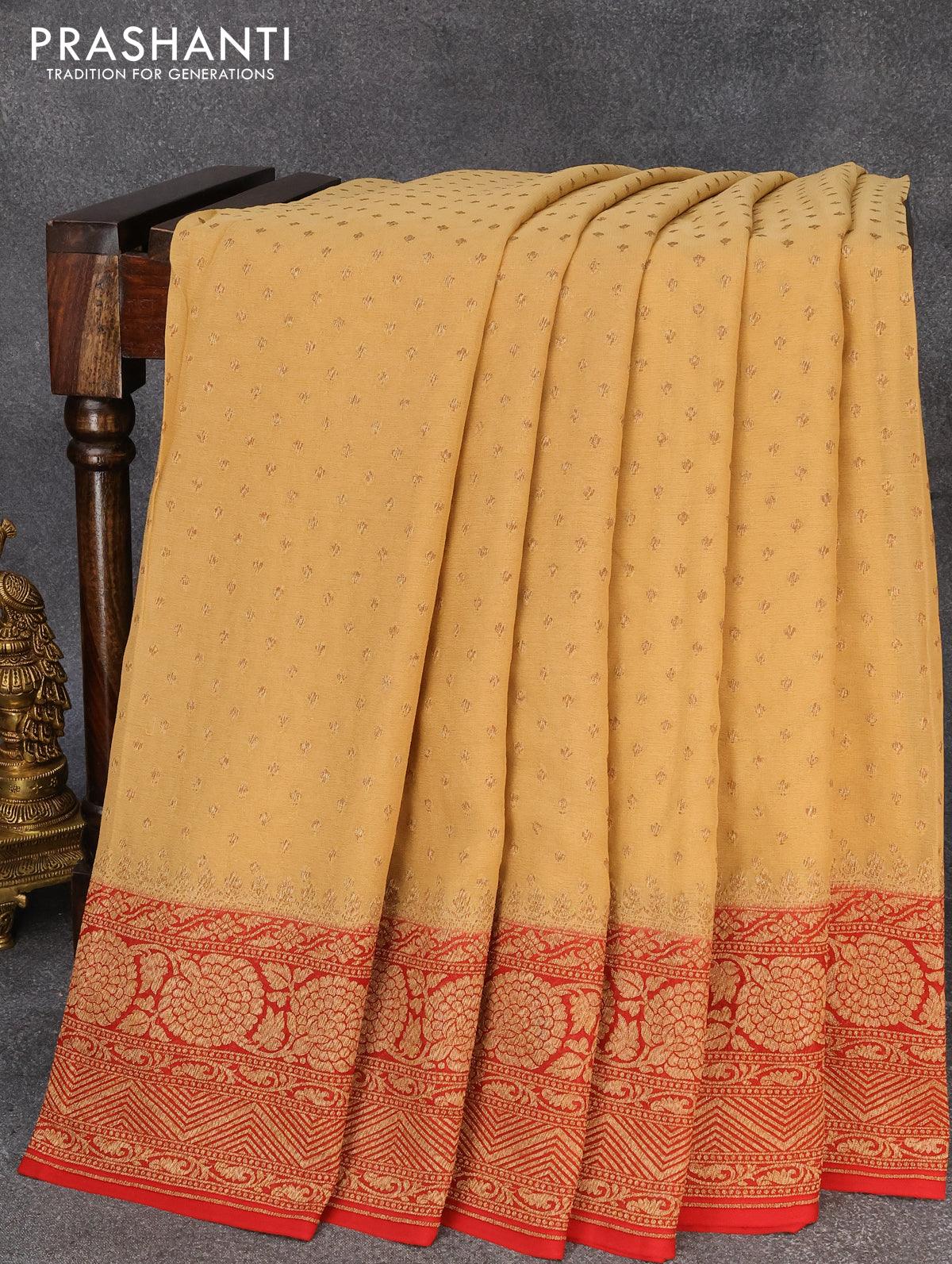 Beige Pure Banarasi Khaddi Georgette Saree - Aura Benaras