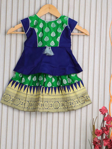 Banarasi kids lehanga blue and dark green with patch work neck pattern and butta weaves & temple design zari border for 0 year
