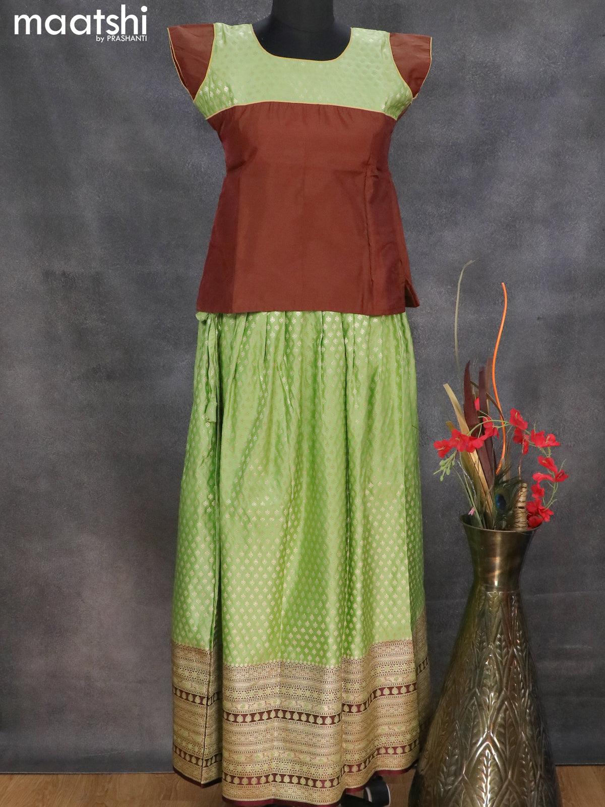 Banarasi kids lehanga brown and pista green with patch work neck pattern and allover zari buttas weaves & long zari woven border for 13 years