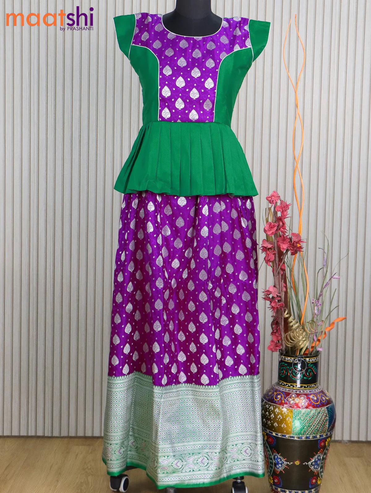 Banarasi kids lehanga green and purple with patch work neck pattern and self emboss zari weaves & long zari border for 15 years