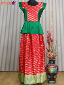 Banarasi kids lehanga green and red with patch work neck pattern and zari woven butta weaves & zari border for 16 years