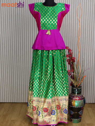 Banarasi kids lehanga magenta pink and green with patch work neck pattern and zari woven butta weaves & long zari border for 16 years