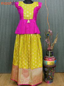 Banarasi kids lehanga magenta pink and yellow shade with patch work neck pattern and self emboss zari weaves & long zari border for 13 years