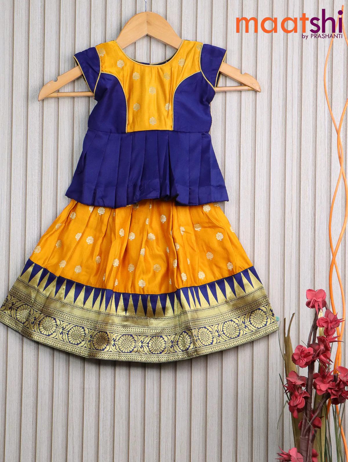 Banarasi kids lehanga navy blue and mango yellow with patch work neck pattern and butta weaves & temple design zari border for 0 year