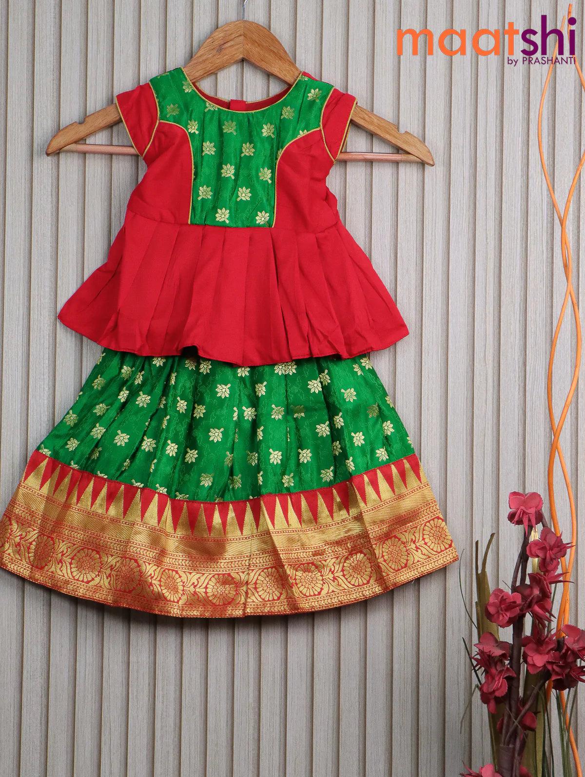 Banarasi kids lehanga red and green with patch work neck pattern and self emboss zari buttas & temple design zari border for 0 year