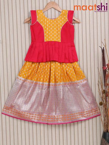 Banarasi kids lehenga dark pink and mustard yellow with patch work neck pattern and silver zari buttas & long silver zari border for 5 years