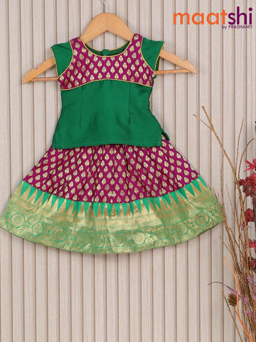 Banarasi kids lehenga green and deep purple with patch work neck pattern and zari buttas & temple design border for 0 year